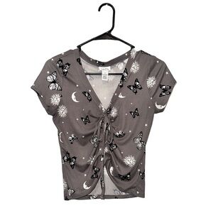 Rue21 Gray Butterfly, Sun, & Moon Print Drawstring Top